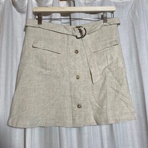 Preppy Minimalist Beige Linen Look Button Front Mini Skirt Belt Pockets L IJOAH